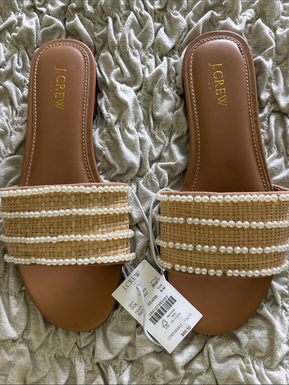 NWT J. Crew Tan Woven Pearl-Trim Slide Sandals